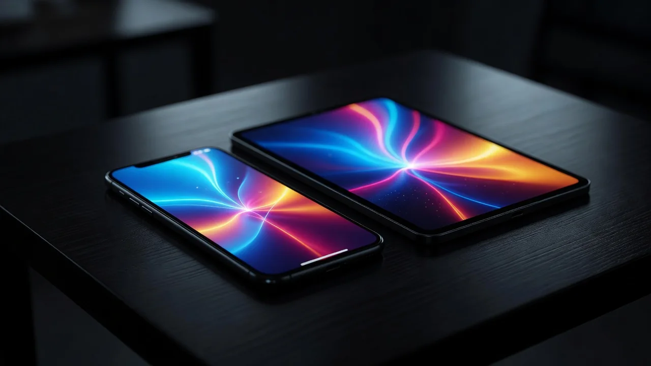 Smartfon i tablet z kolorowymi ekranami na stole