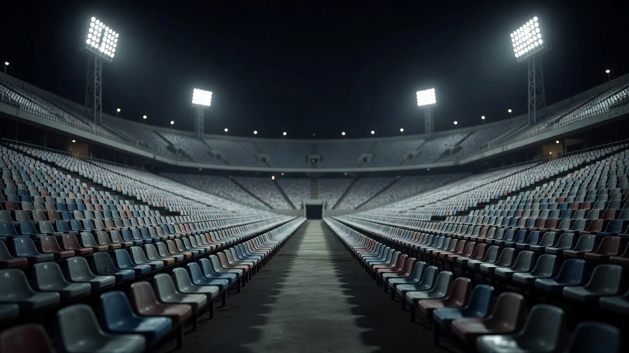 Trybuny stadionu piłkarskiego w świetle reflektorów